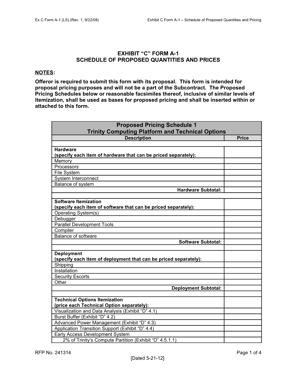 Exhibit C Form D Subcontract Schedule