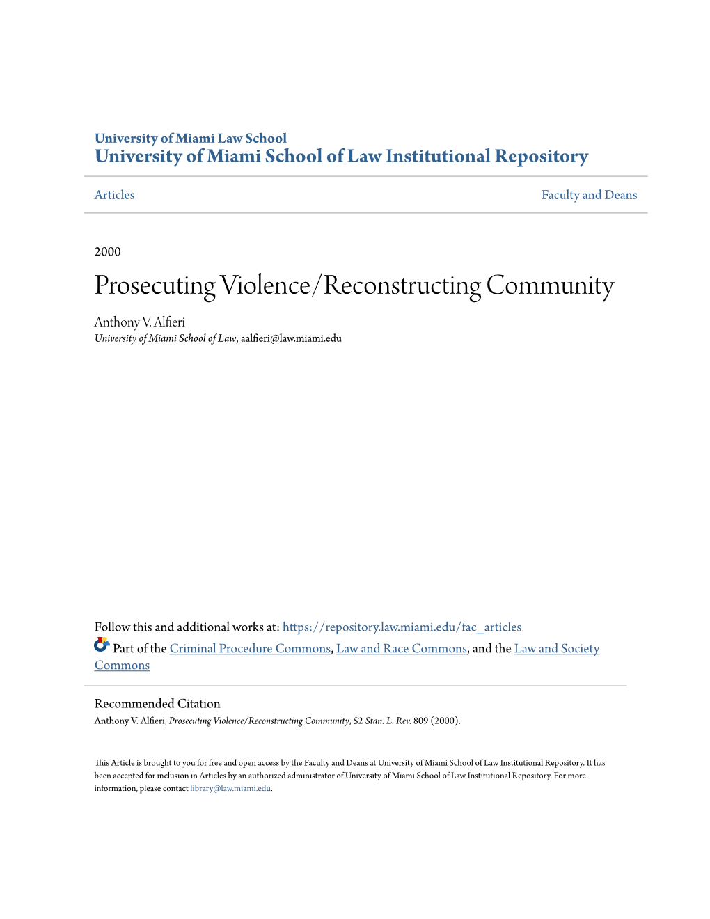 Prosecuting Violence/Reconstructing Community Anthony V