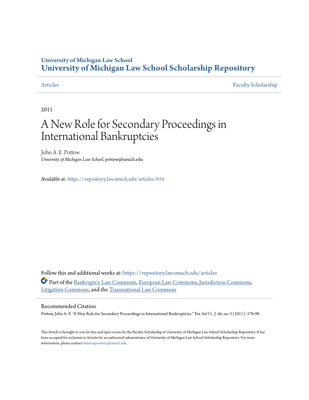 A New Role for Secondary Proceedings in International Bankruptcies John A