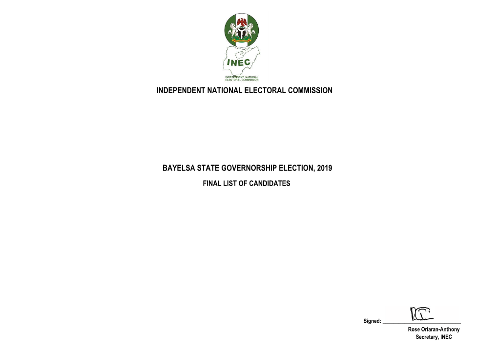 Bayelsa State Governorship Election, 2019 Final List of Candidates