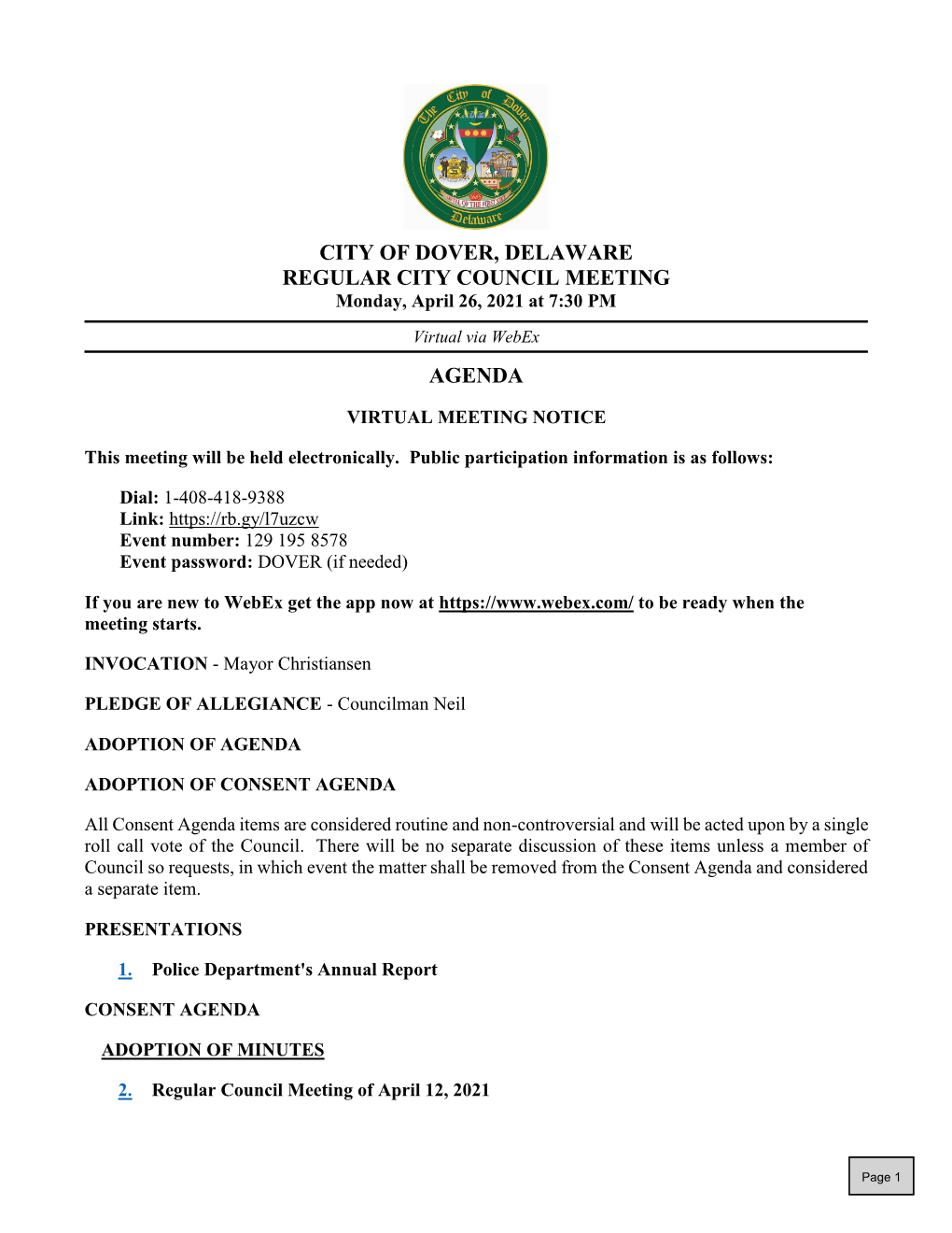 CITY of DOVER, DELAWARE REGULAR CITY COUNCIL MEETING Monday, April 26, 2021 at 7:30 PM