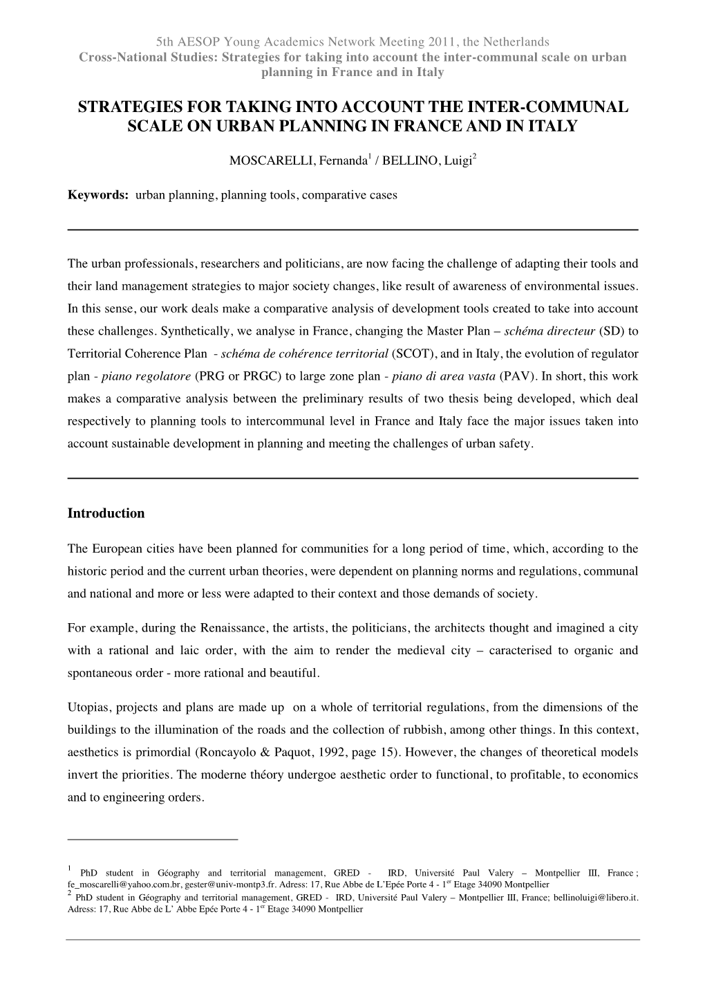 Strategies for Taking Into Account the Inter-Communal Scale on Urban Planning in France and in Italy