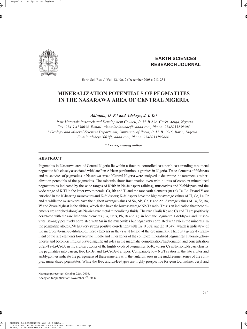 Mineralization Potentials of Pegmatites in the Nasarawa Area of Central Nigeria