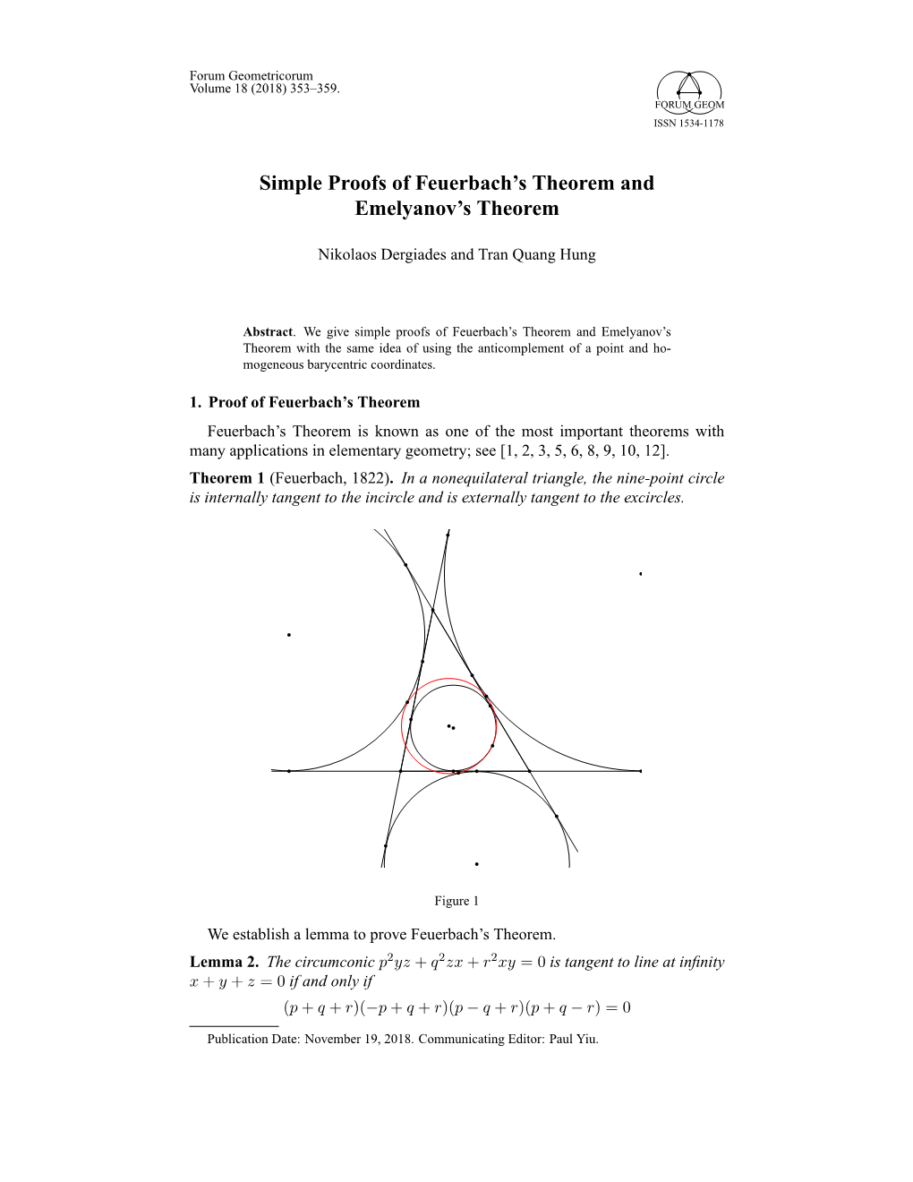 Simple Proofs of Feuerbach's Theorem and Emelyanov's Theorem