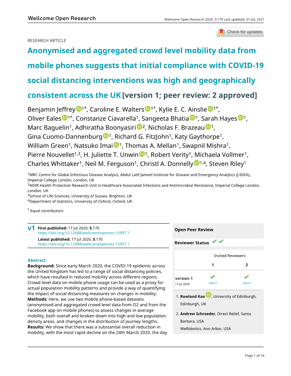 Anonymised and Aggregated Crowd Level Mobility Data From