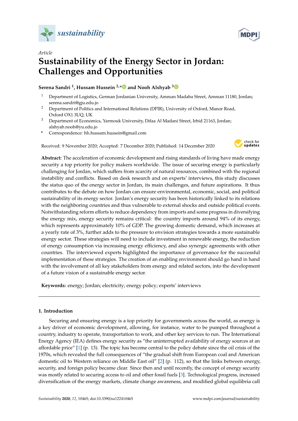 Sustainability of the Energy Sector in Jordan: Challenges and Opportunities