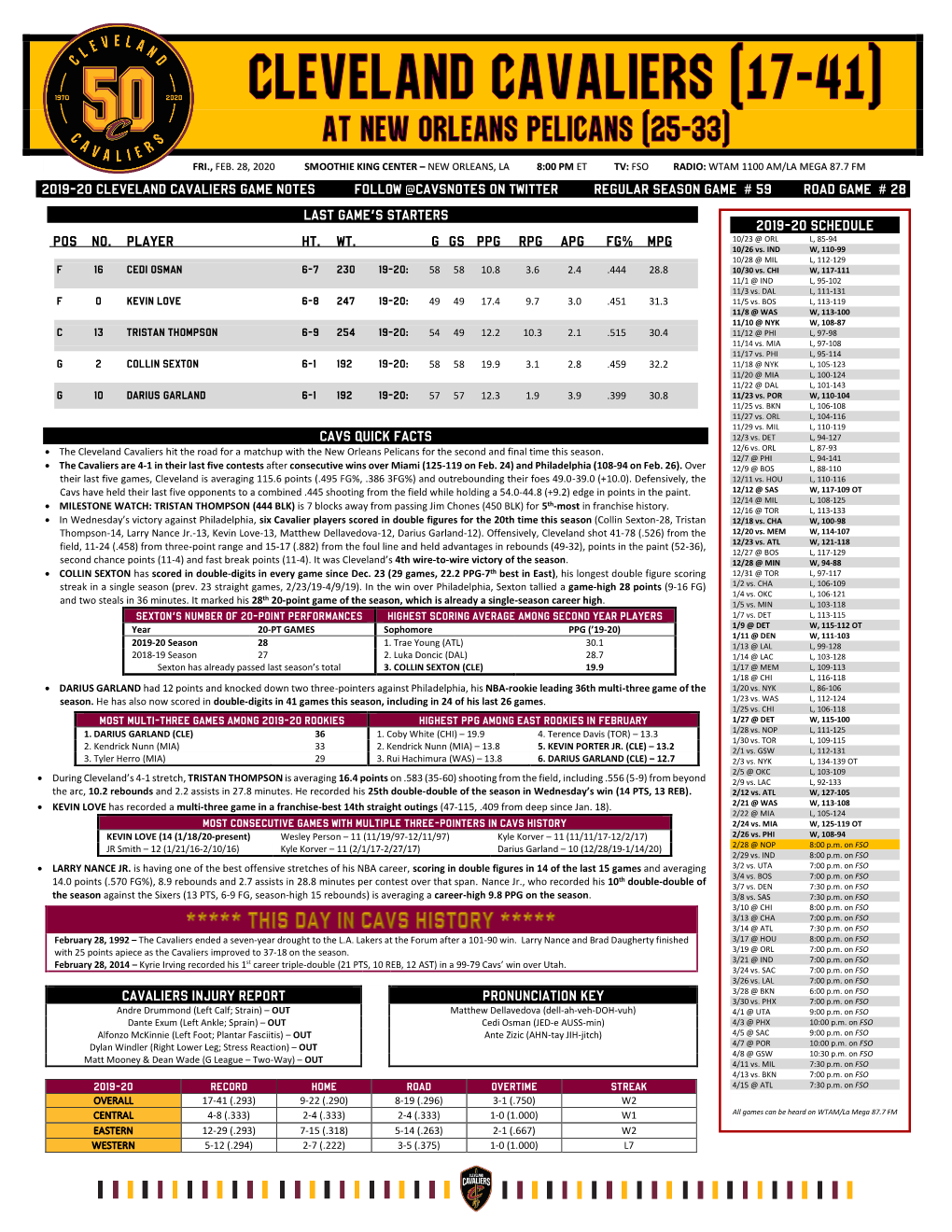2019-20 Cleveland Cavaliers Game Notes Follow @Cavsnotes on Twitter Regular Season Game # 59 Road Game # 28