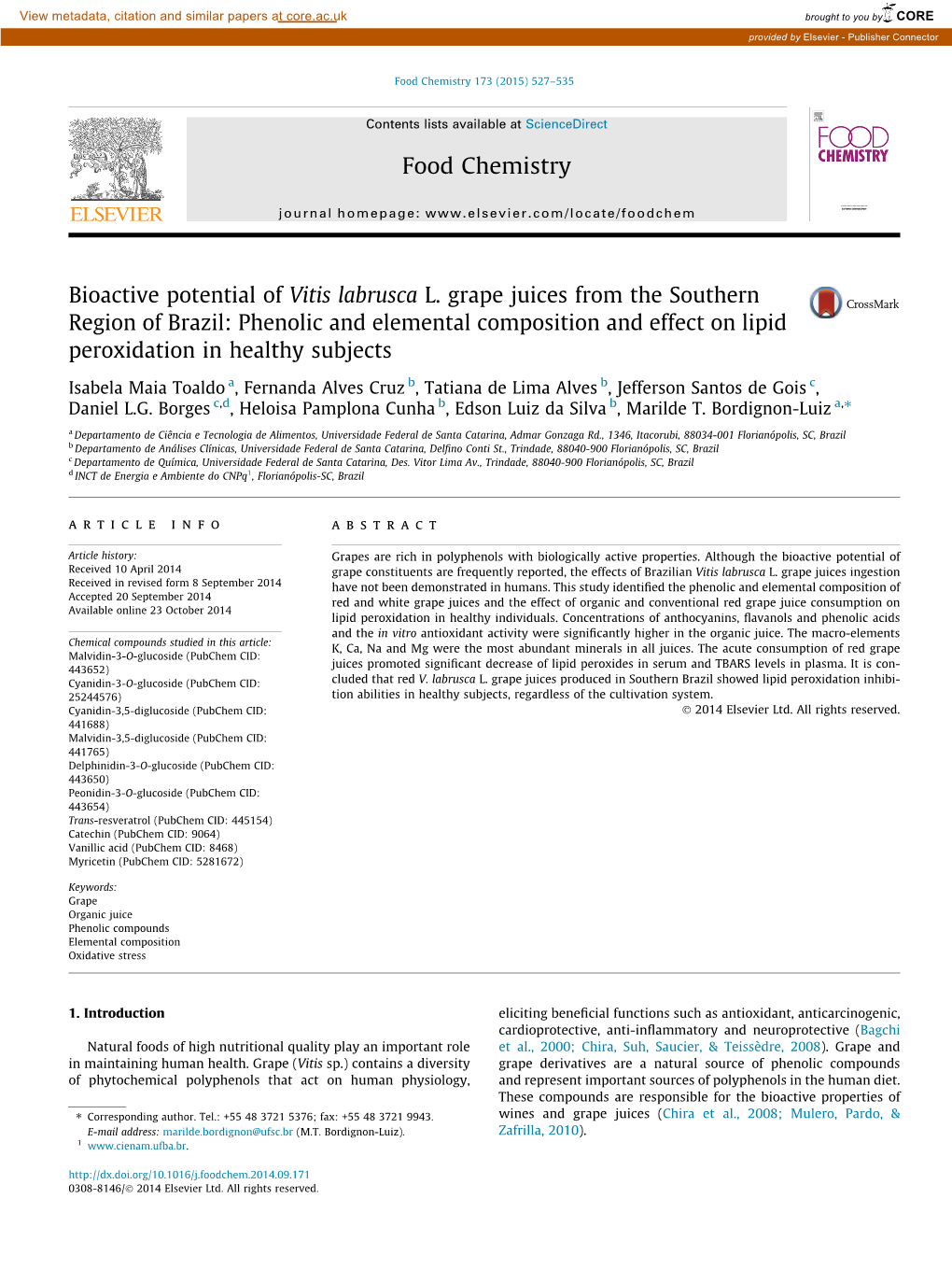 Bioactive Potential of Vitis Labrusca L. Grape Juices from the Southern Region of Brazil