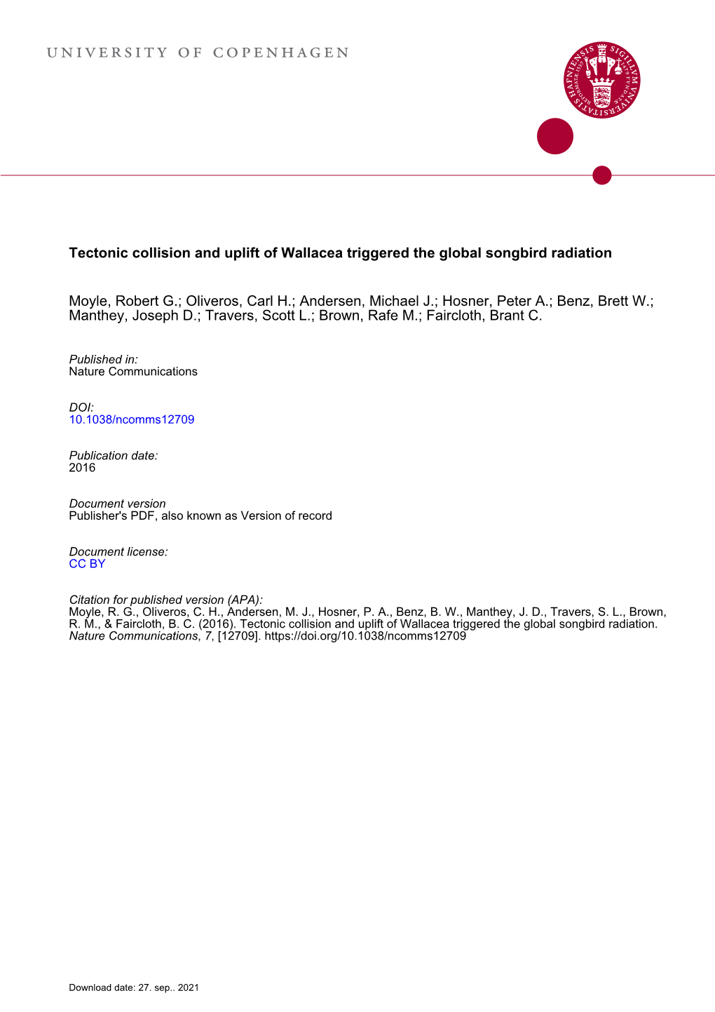 Tectonic Collision and Uplift of Wallacea Triggered the Global Songbird Radiation