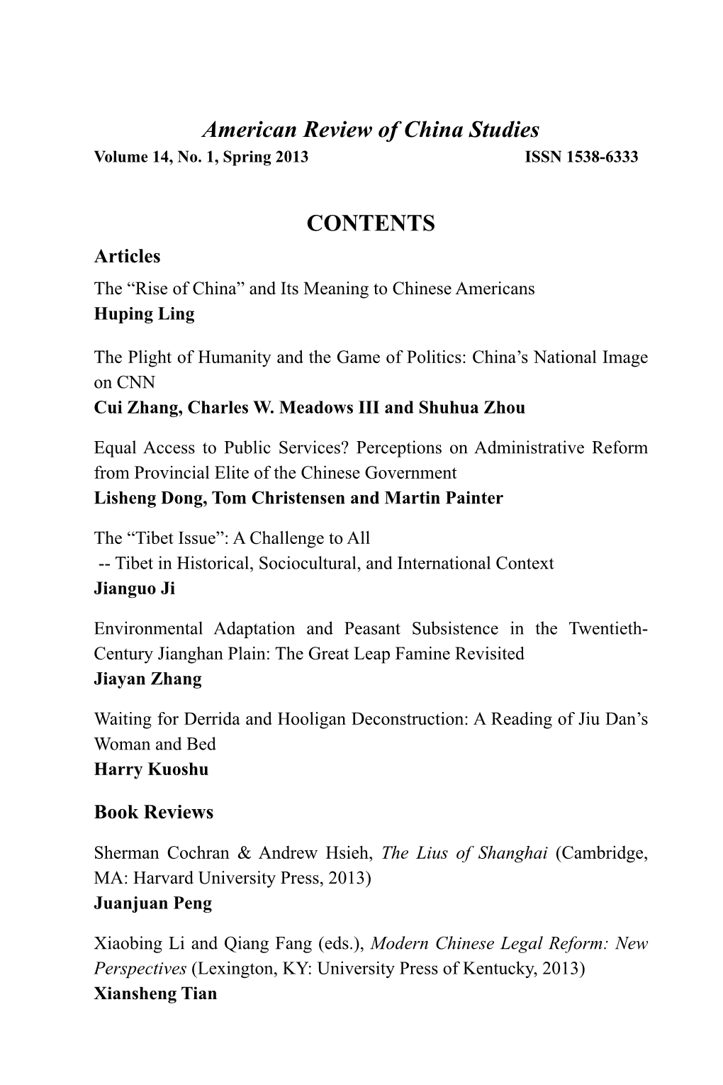 American Review of China Studies CONTENTS