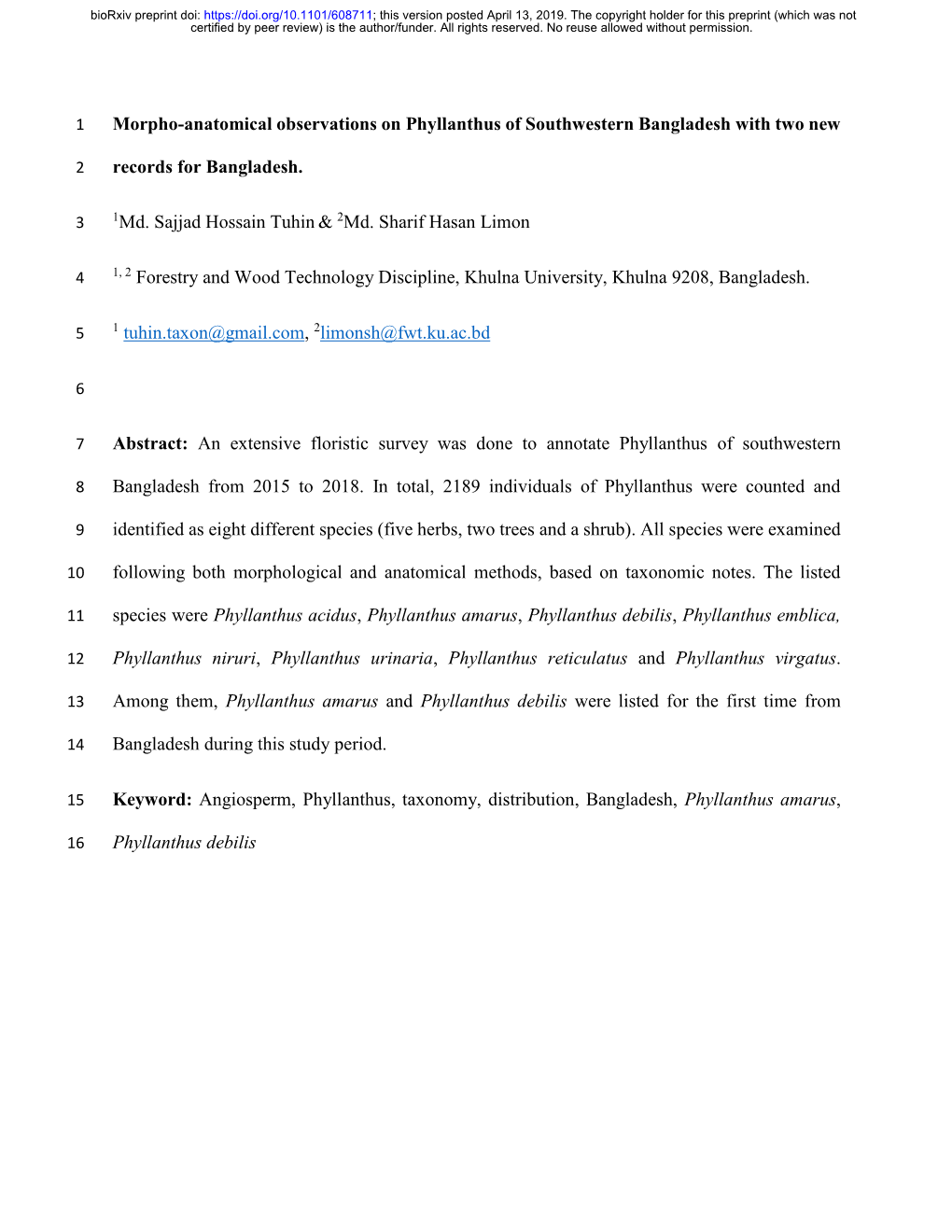 Morpho-Anatomical Observations on Phyllanthus of Southwestern Bangladesh with Two New