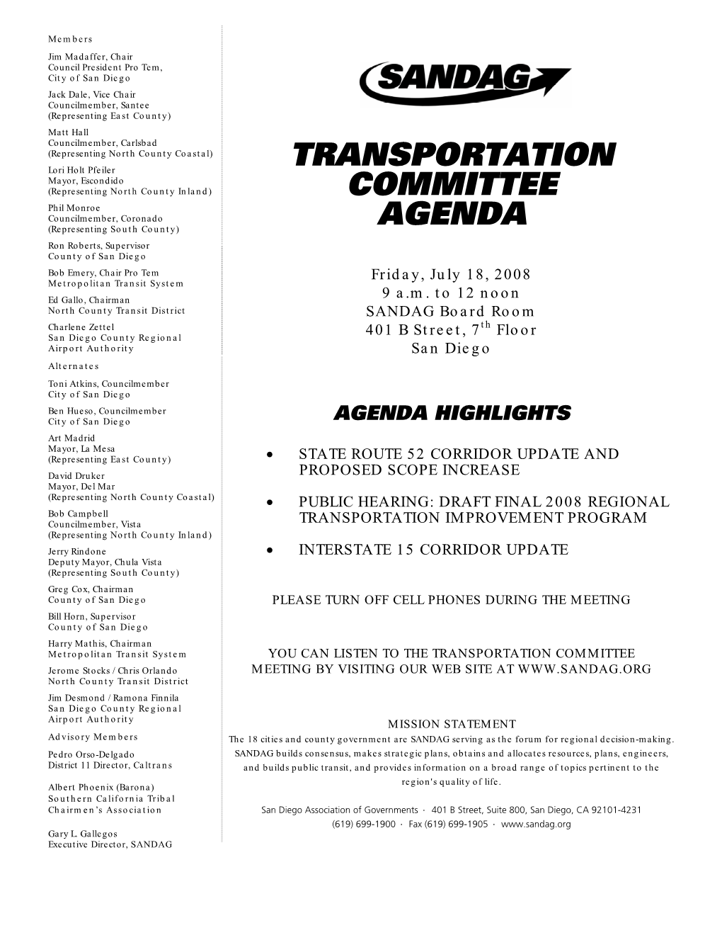 Transportation Committee Agenda