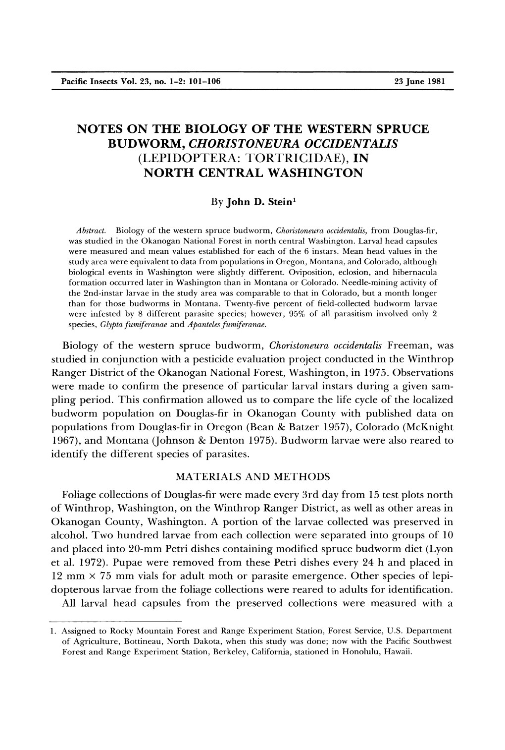 Notes on the Biology of the Western Spruce Budworm, Choristoneura Occidentalis (Lepidoptera: Tortricidae), in North Central Washington