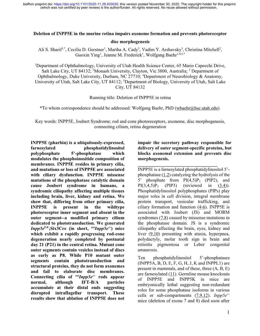 Deletion of INPP5E in the Murine Retina Impairs Axoneme Formation and Prevents Photoreceptor Disc Morphogenesis Ali S