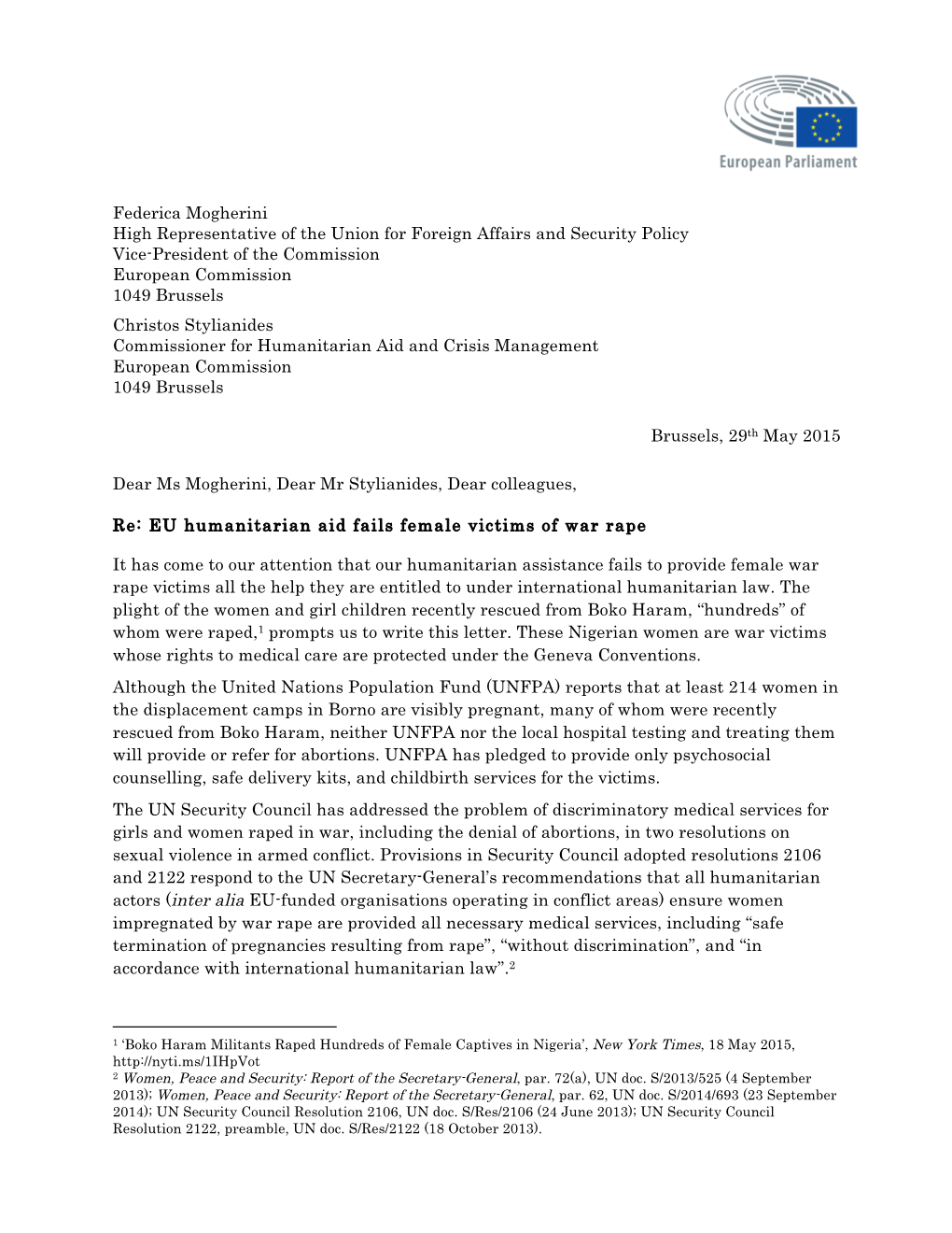 20150529 Sign-On Letter to Mogherini and Stylianides