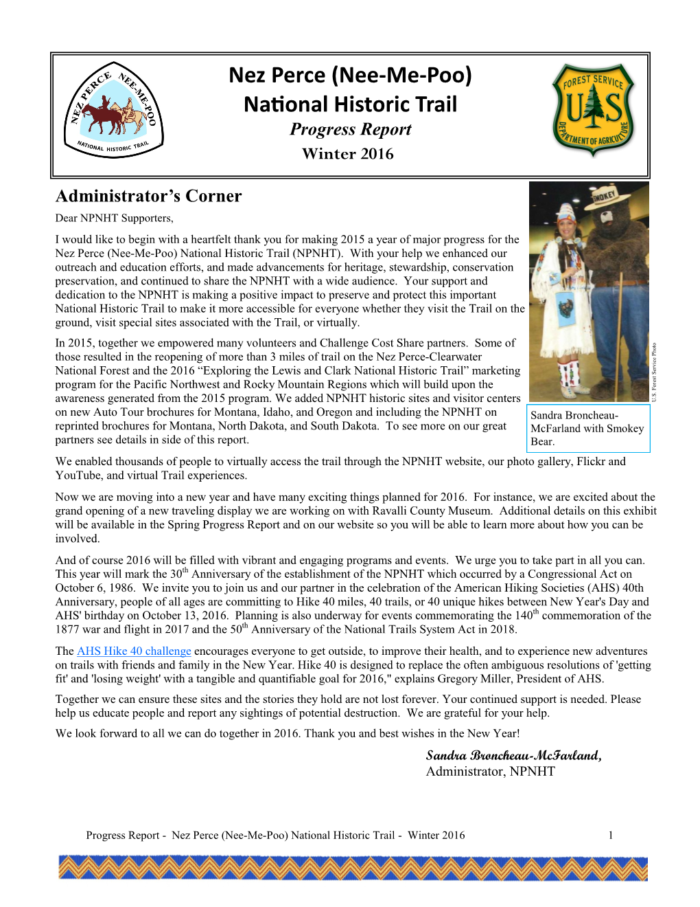 National Historic Trail Progress Report Winter 2016