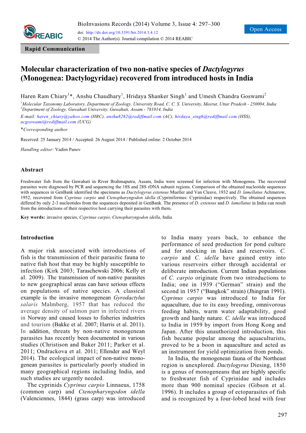 Molecular Characterization of Two Non-Native Species of Dactylogyrus (Monogenea: Dactylogyridae) Recovered from Introduced Hosts in India