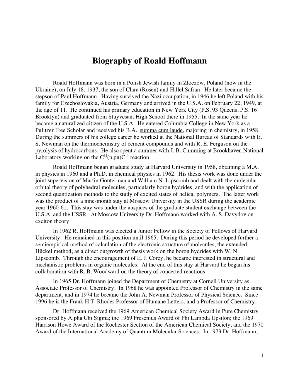 Biography of Roald Hoffmann