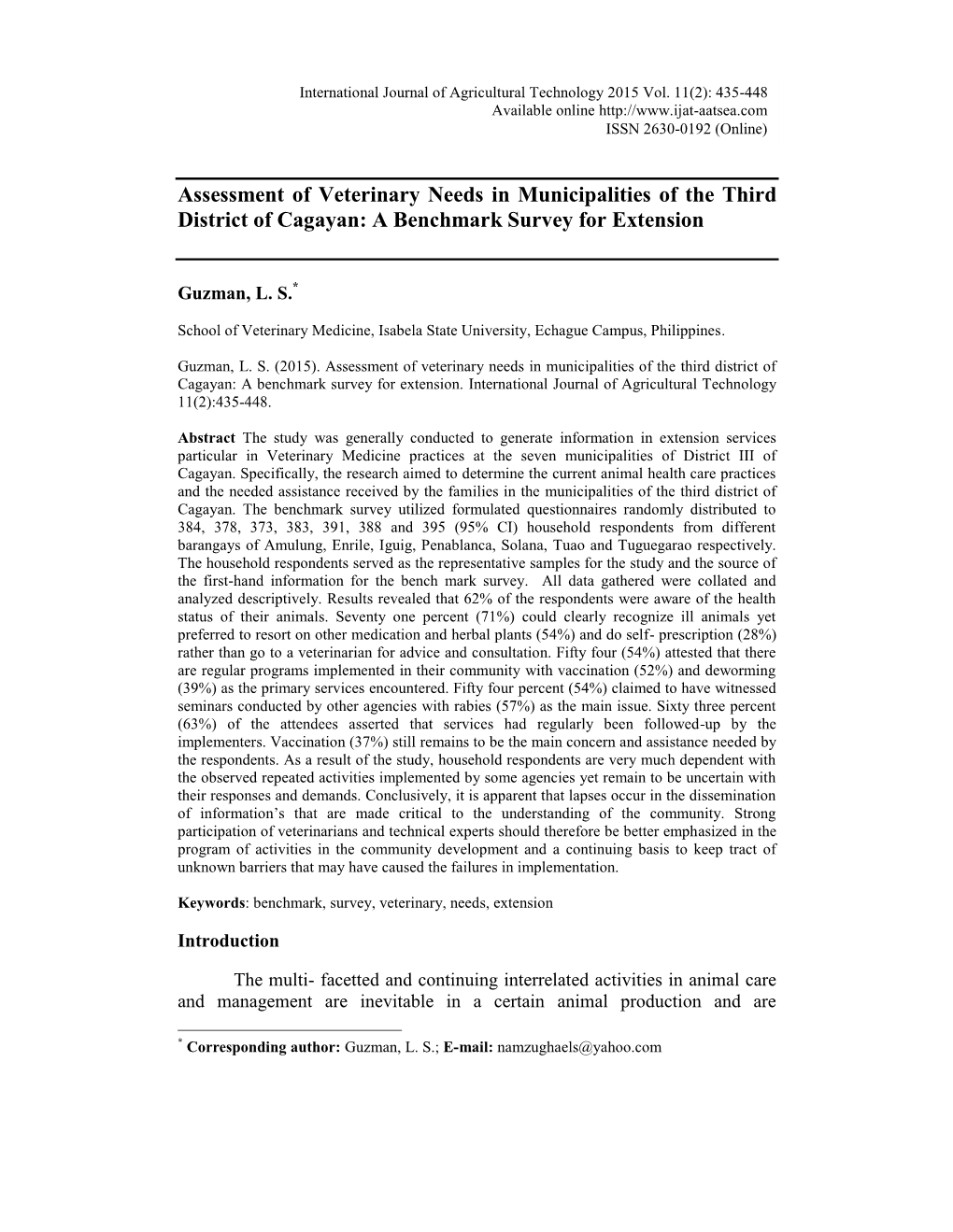 Assessment of Veterinary Needs in Municipalities of the Third District of Cagayan: a Benchmark Survey for Extension