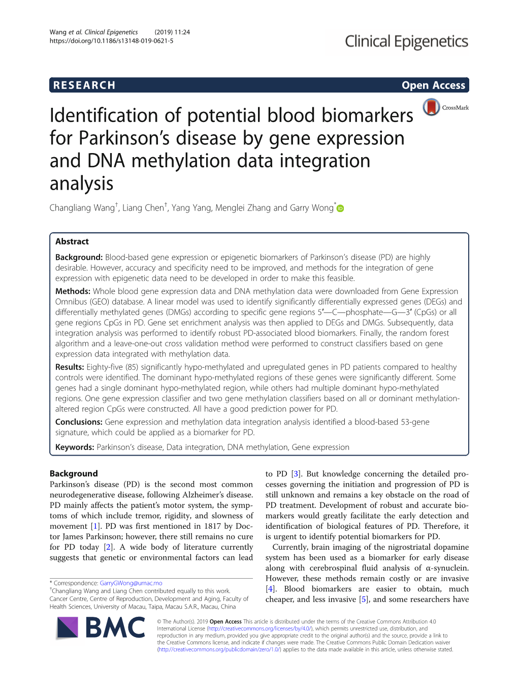 Identification of Potential Blood Biomarkers for Parkinson's Disease