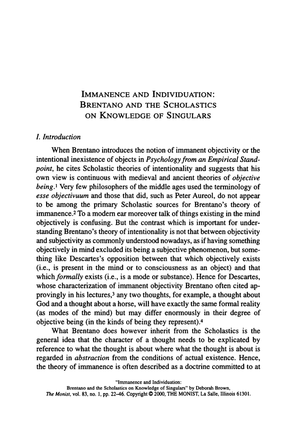 Immanence and Individuation: Brentano and the Scholastics on Knowledge of Singulars