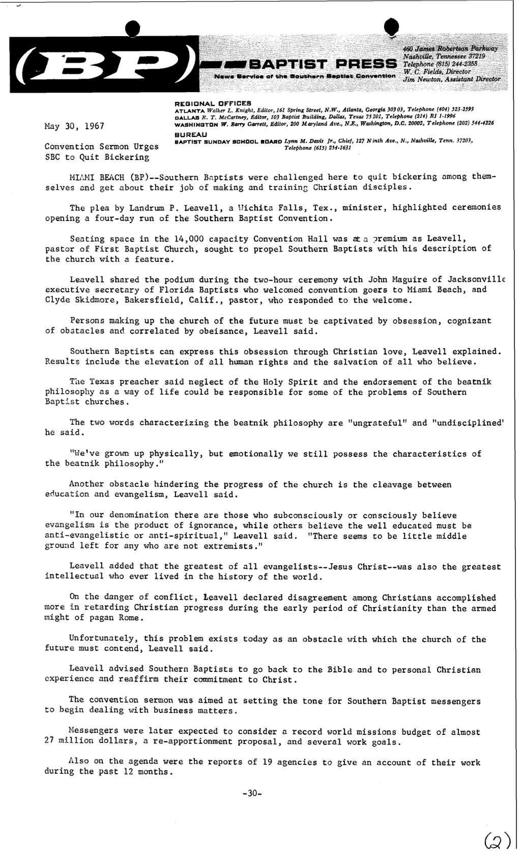 May 30, 1967 WABHINUTDN 1.Bmry Gorrett, Editor, 200 Maryland Avc., NE,,Washington, D.C