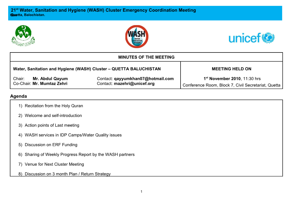 Water, Sanitation and Hygiene (WASH) Cluster QUETTA BALUCHISTAN