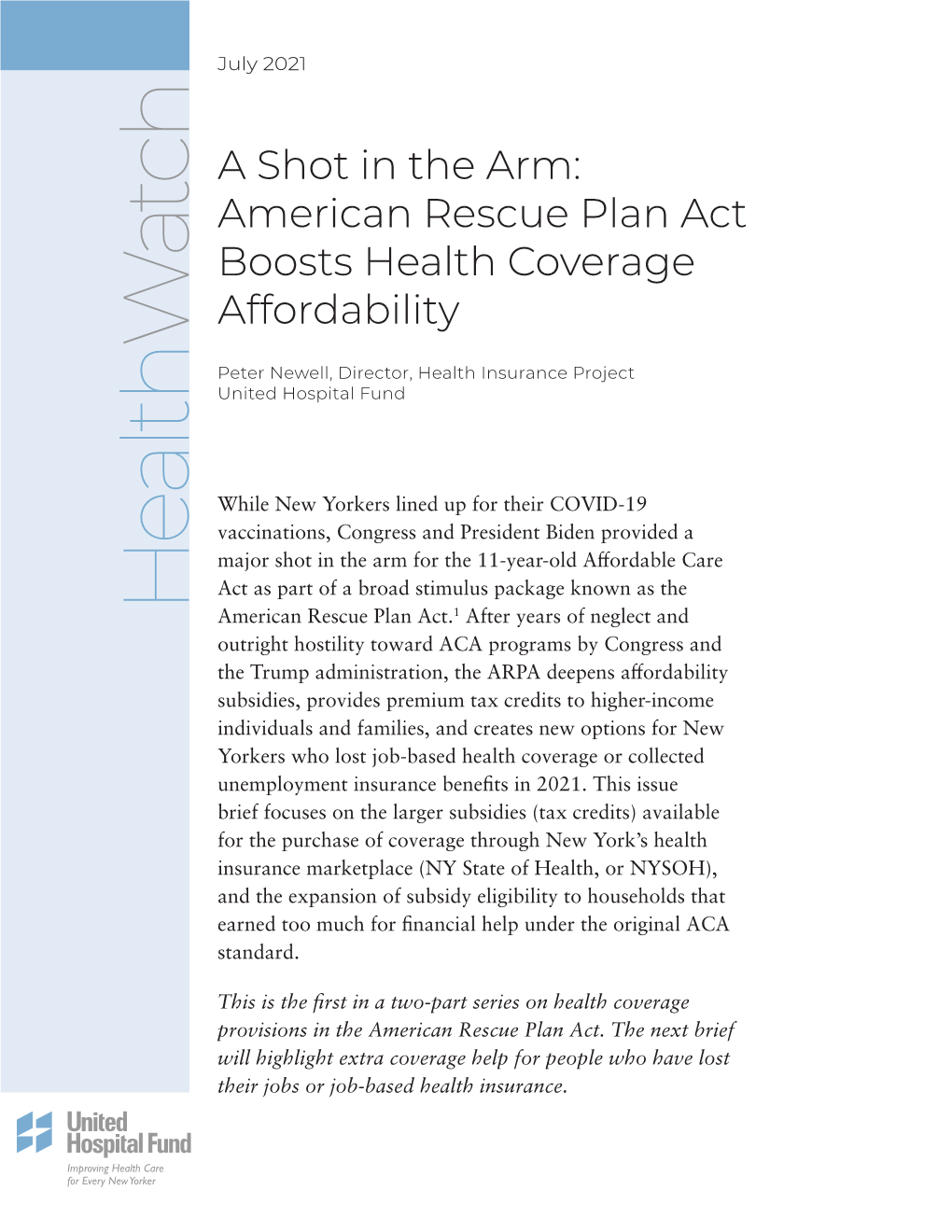 American Rescue Plan Act Boosts Health Coverage Affordability Watch