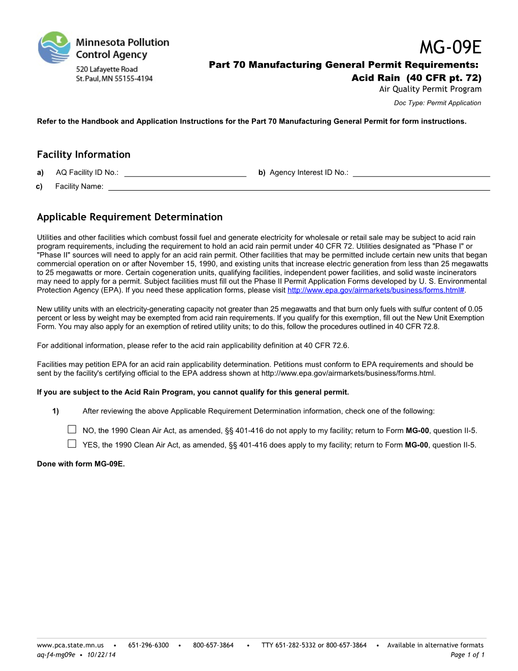 MG-09E Part 70 Manufacturing General Permit Requirements: Acid Rain (40 CFR Pt. 72) - Air