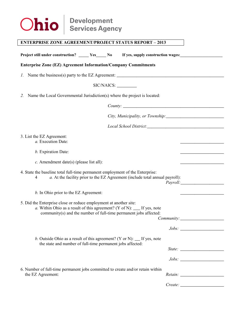 Section C: Enterprise Zone (Ez) Agreement/Project Status Report 2000