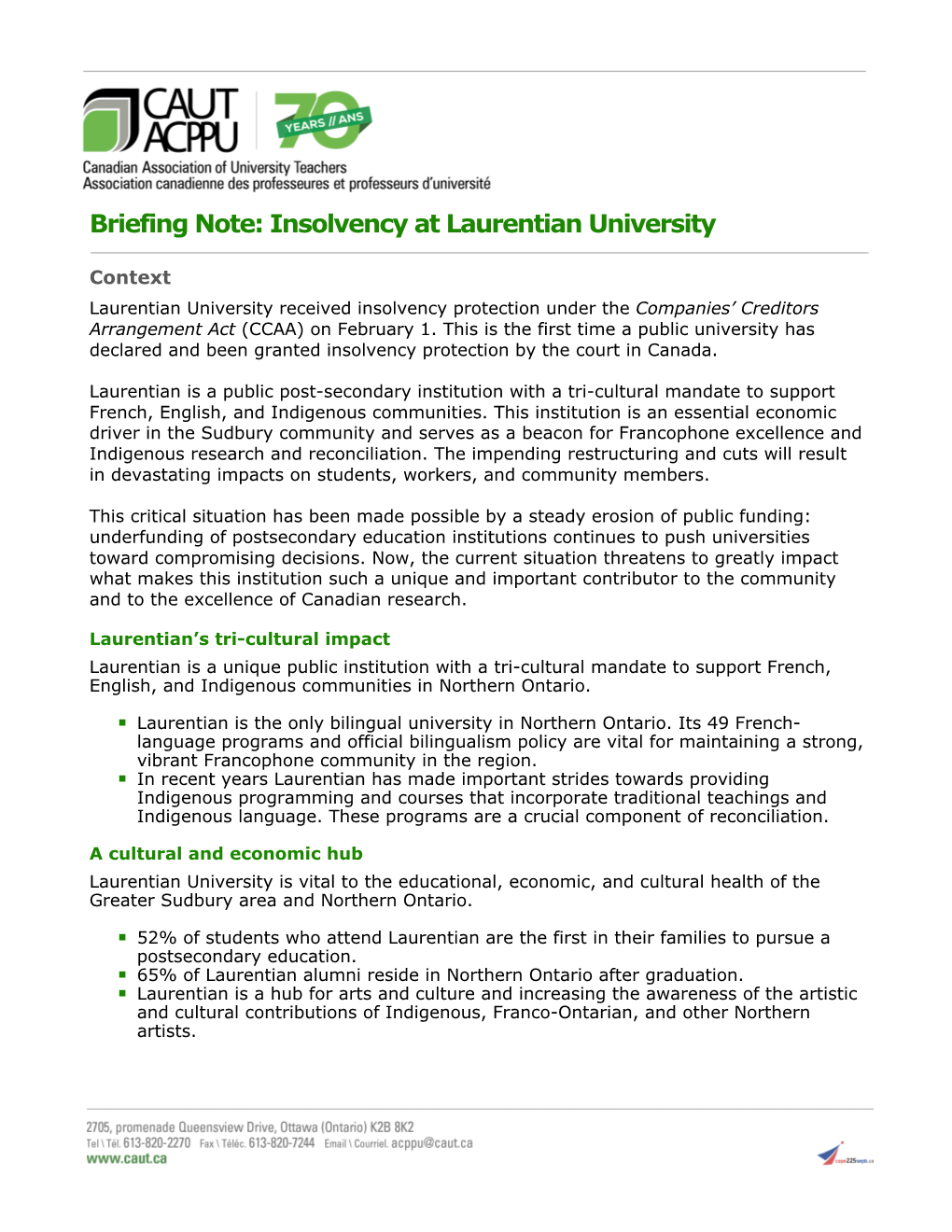 Briefing Note: Insolvency at Laurentian University