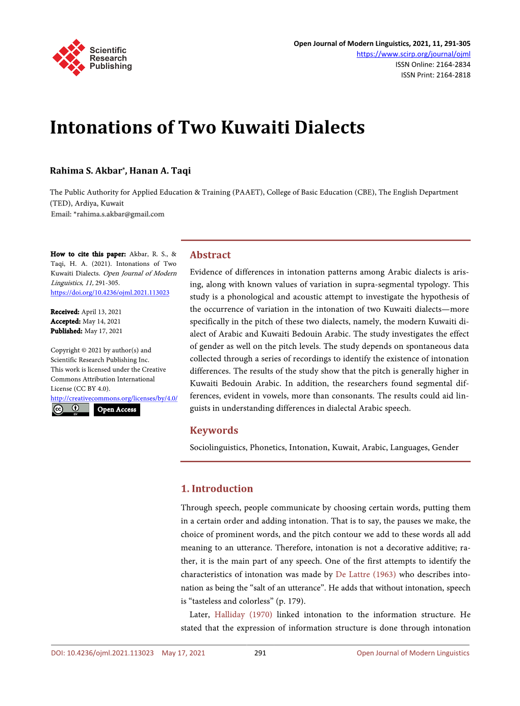 Intonations of Two Kuwaiti Dialects