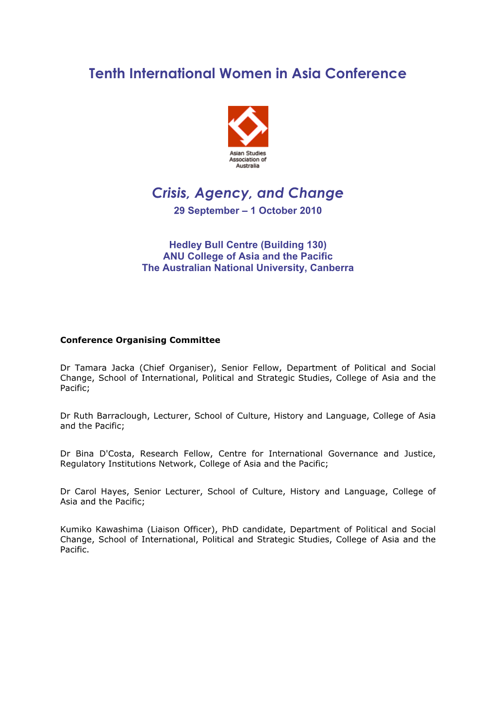 Tenth International Women in Asia Conference Crisis, Agency, And