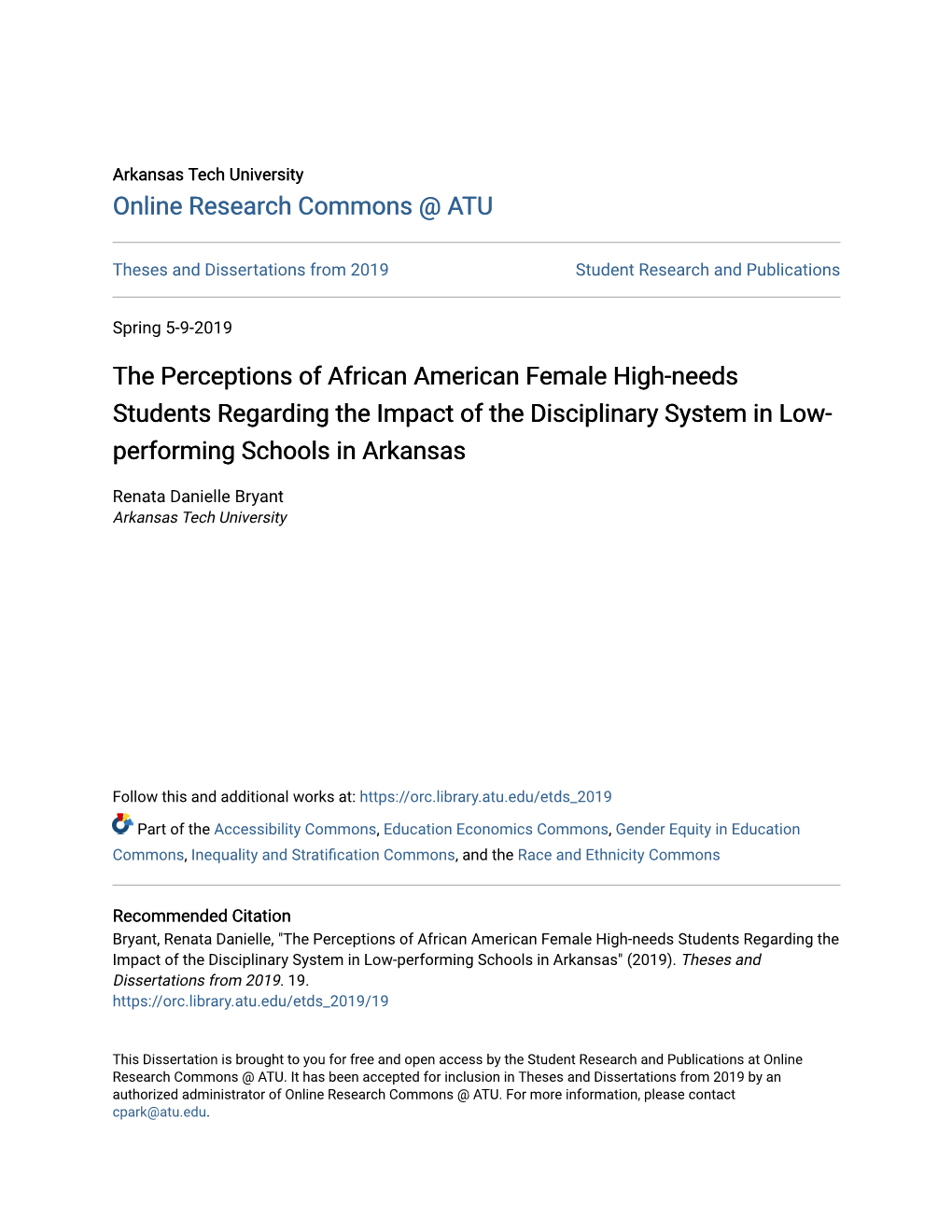 The Perceptions of African American Female High-Needs Students Regarding the Impact of the Disciplinary System in Low- Performing Schools in Arkansas