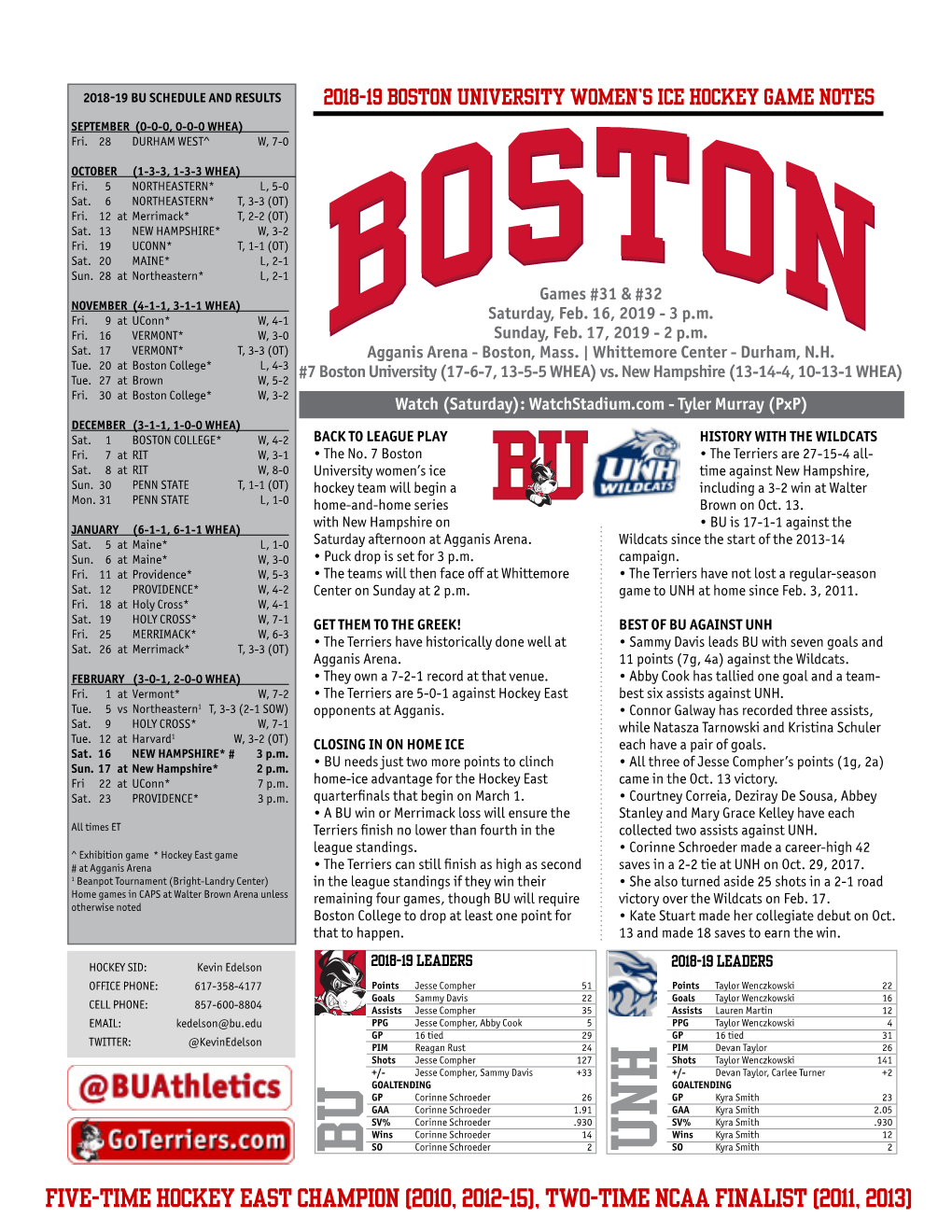 Bu Schedule and Results 2018-19 Boston University Women’S Ice Hockey Game Notes