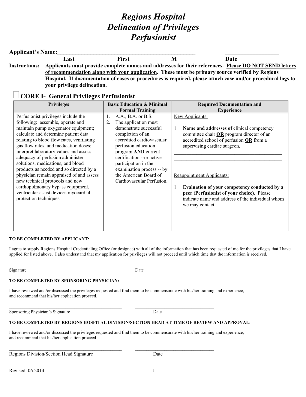 Regions Hospital Delineation of Privileges Perfusionist