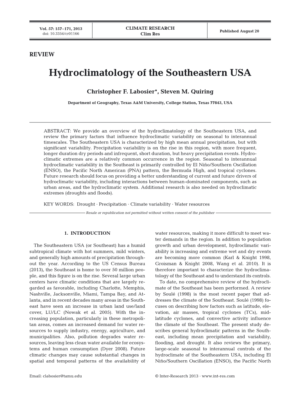 Hydroclimatology of the Southeastern USA