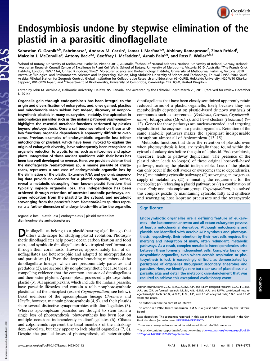 Endosymbiosis Undone by Stepwise Elimination of the Plastid in a Parasitic Dinoflagellate