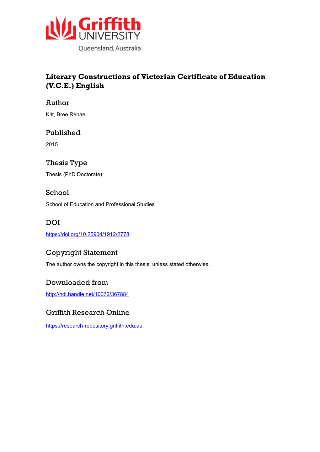 Literary Constructions of Victorian Certificate of Education (VCE)