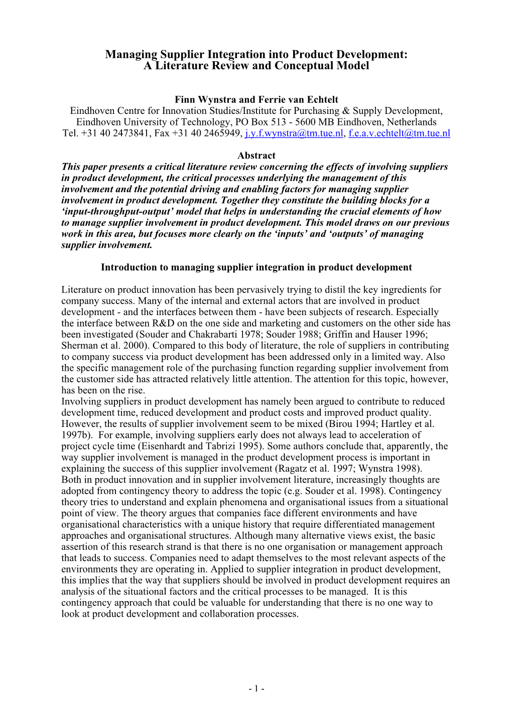 Managing Supplier Integration Into Product Development: a Literature Review and Conceptual Model