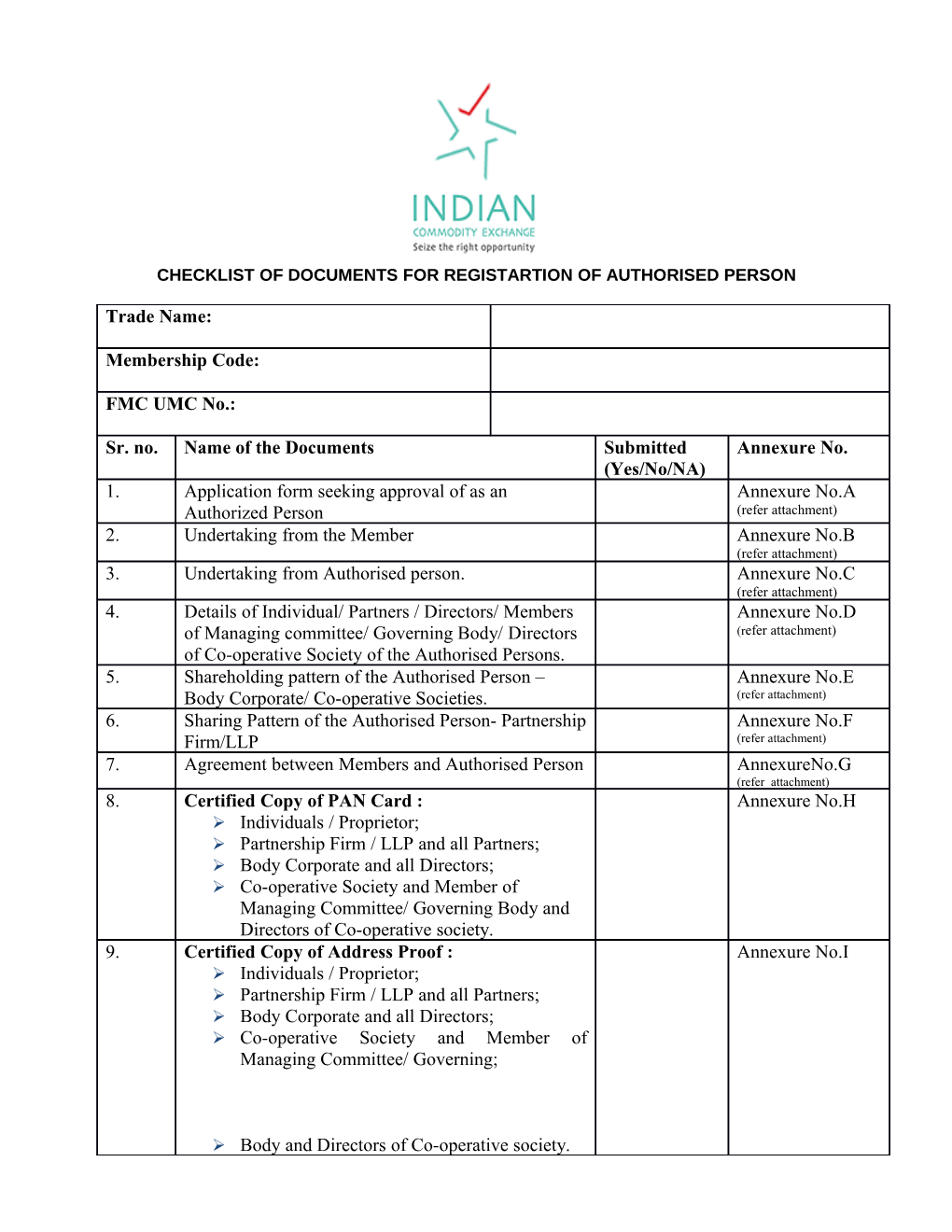 Checklist of Documents for Registartion of Authorised Person