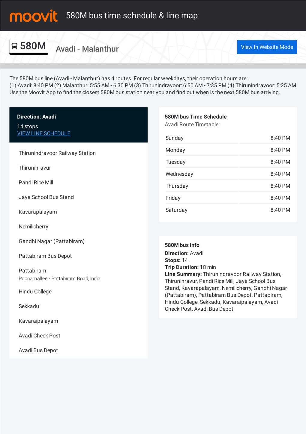 580M Bus Time Schedule & Line Route