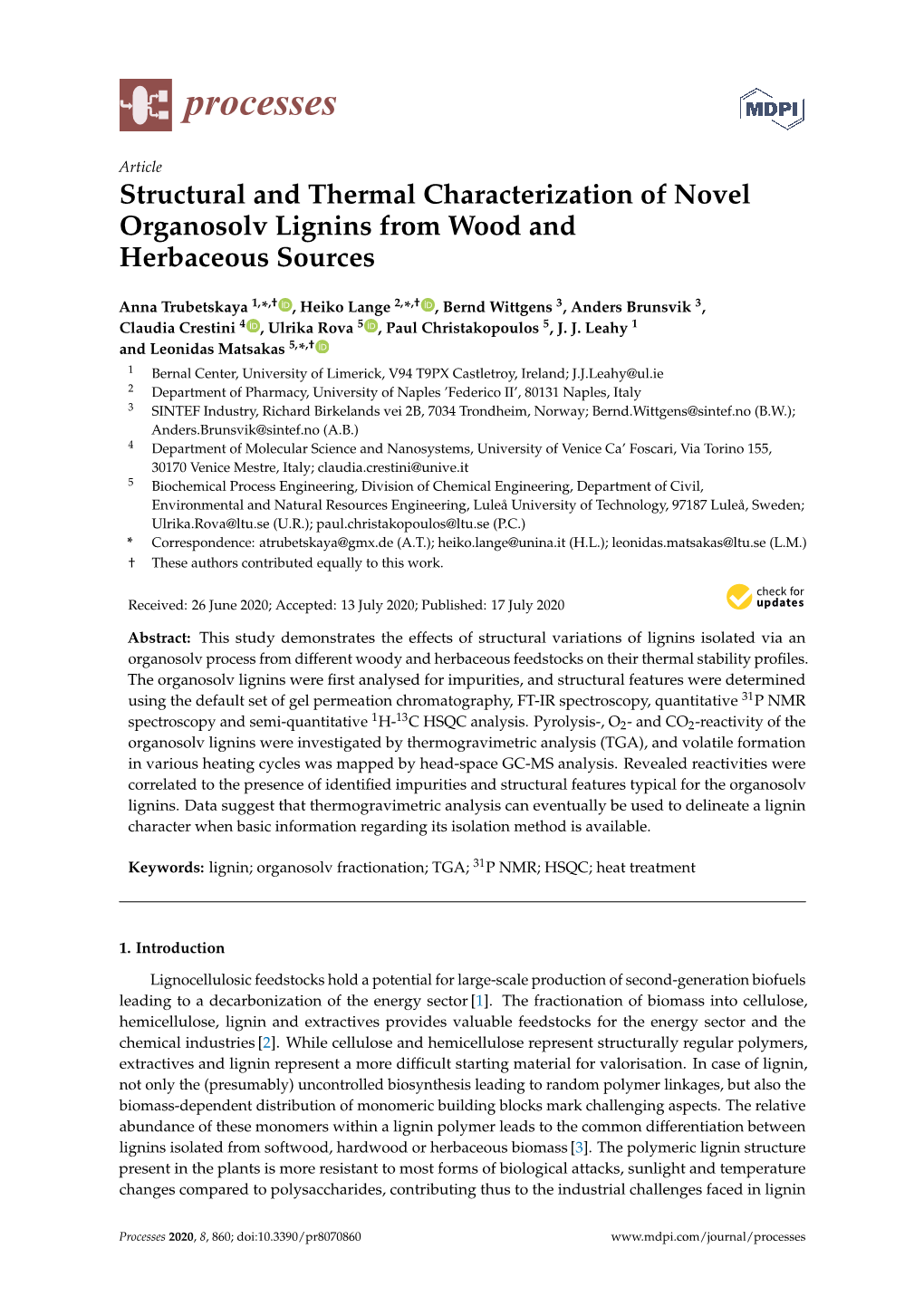 Structural and Thermal Characterization of Novel Organosolv Lignins from Wood and Herbaceous Sources