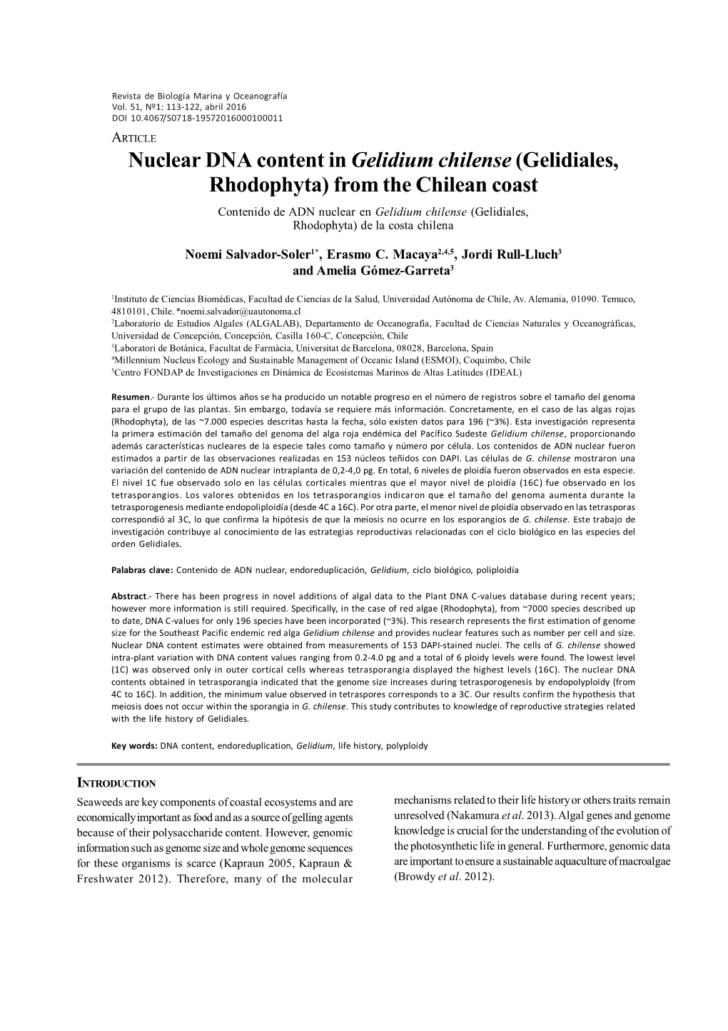 Nuclear DNA Content in Gelidium Chilense (Gelidiales, Rhodophyta