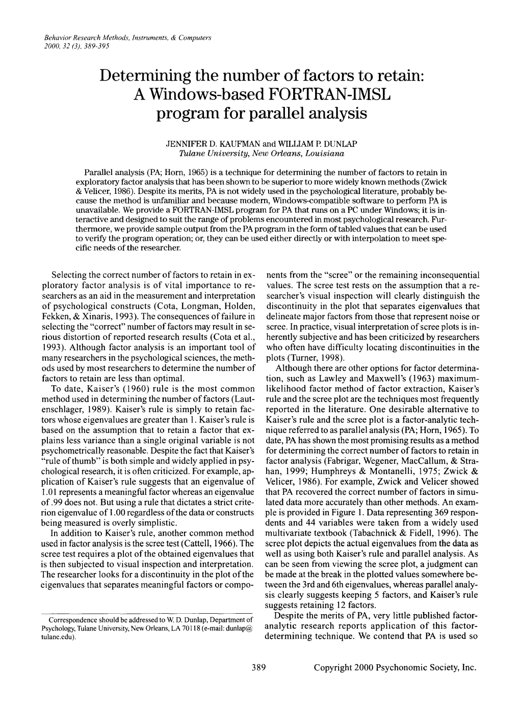 Determining the Number of Factors to Retain: Q Windows-Based FORTRAN-IMSL Program for Parallel Analysis