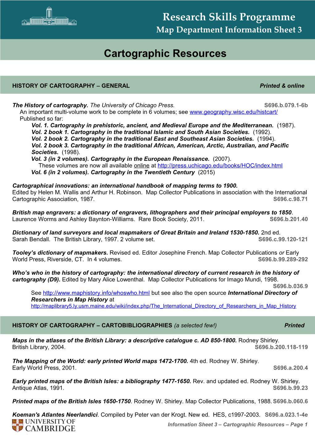 HISTORY of CARTOGRAPHY GENERAL Printed & Online