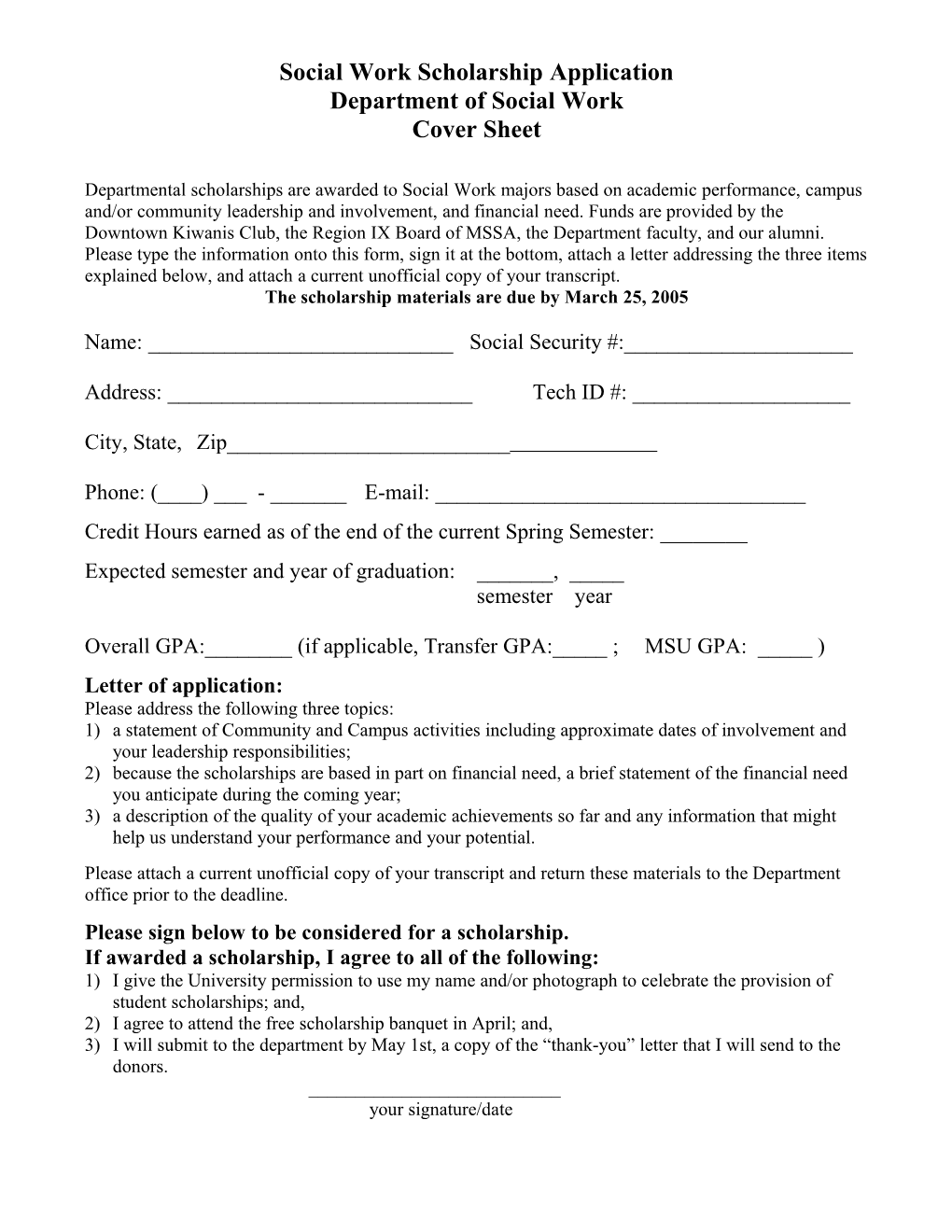 Social Work Scholarship Application