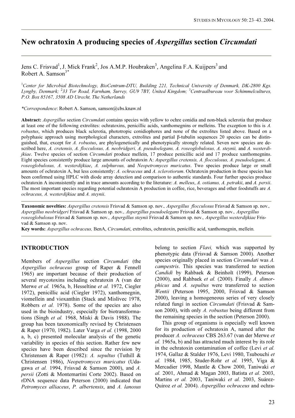 New Ochratoxin a Producing Species of Aspergillus Section Circumdati