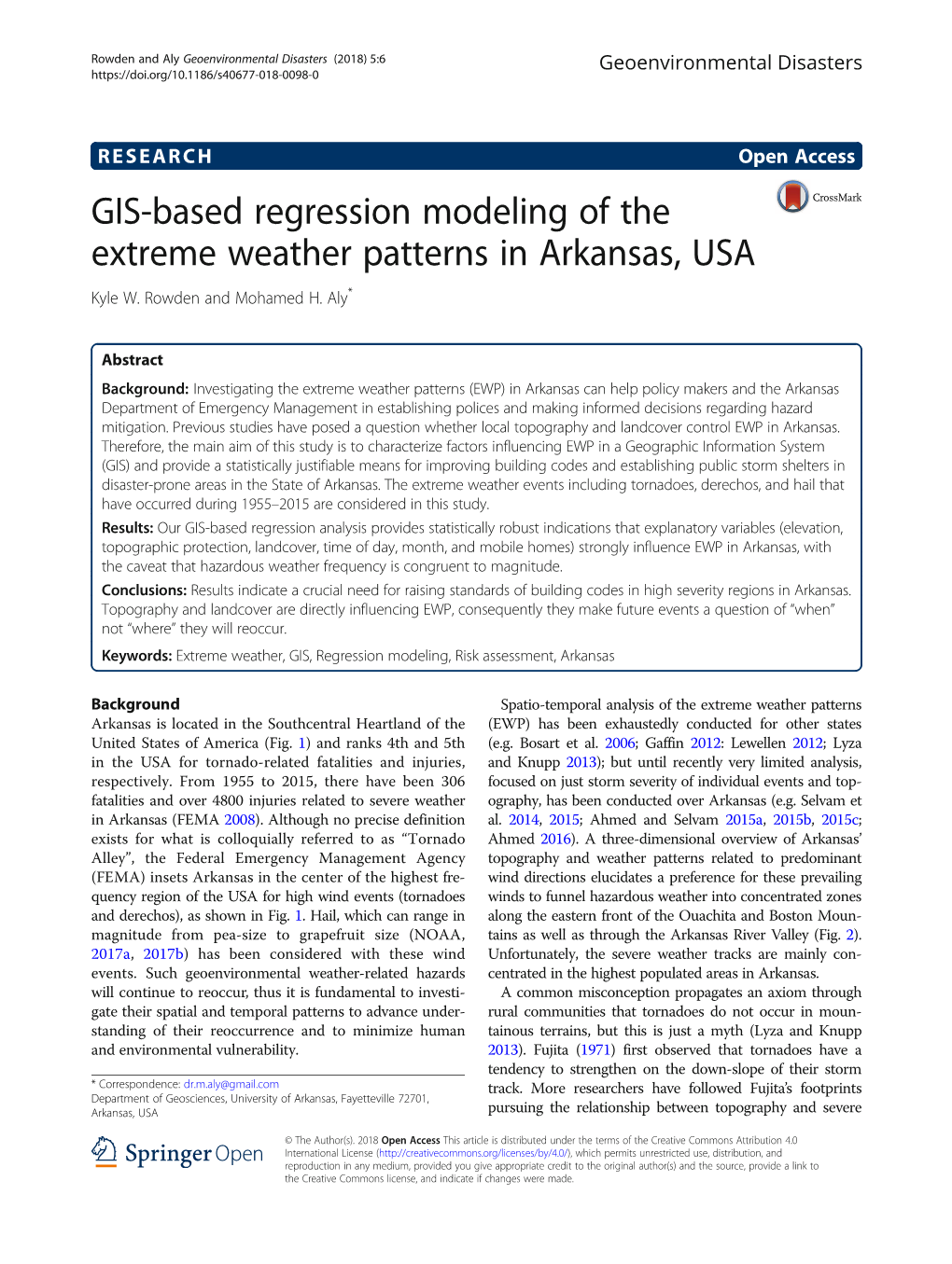 GIS-Based Regression Modeling of the Extreme Weather Patterns in Arkansas, USA Kyle W