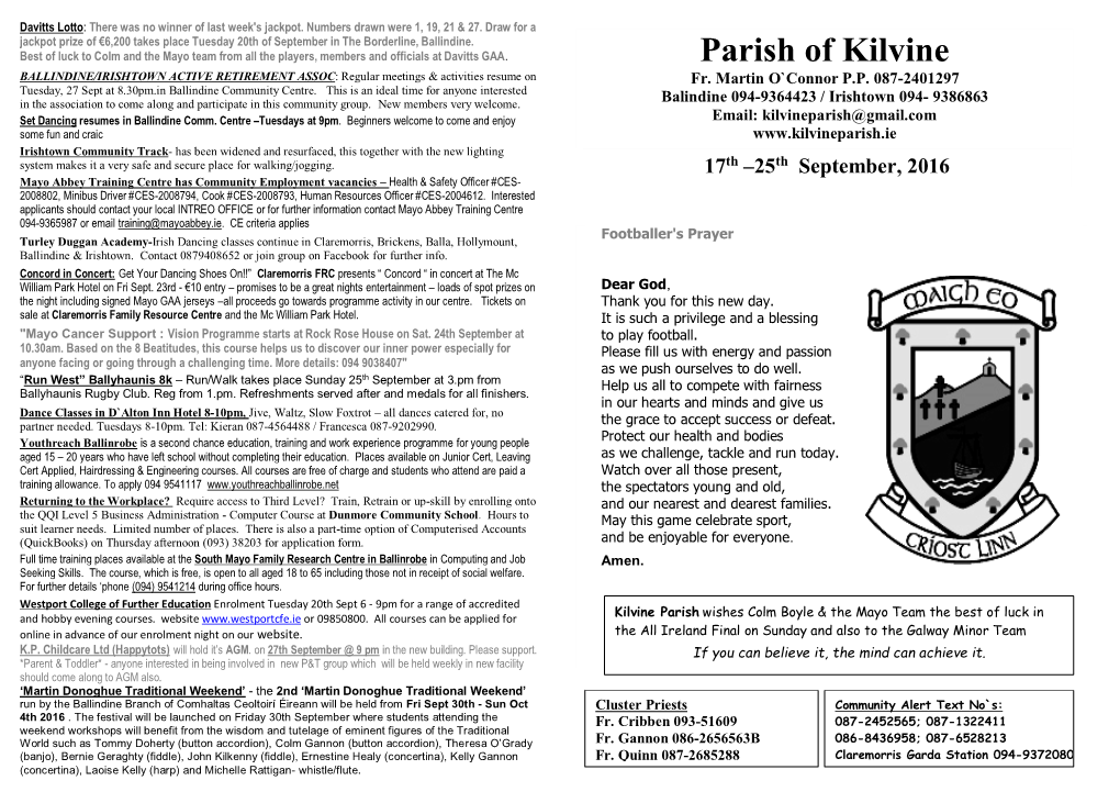 Parish Newsletter 18Th September, 2016